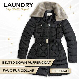 Laundry by Shelli Segal Belted Down Puffer Coat w/ Removable Faux Fur Collar S